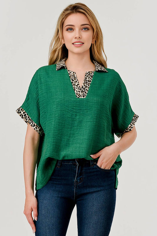 Danni Short Sleeve Leopard Print Color Block Top Green 9923