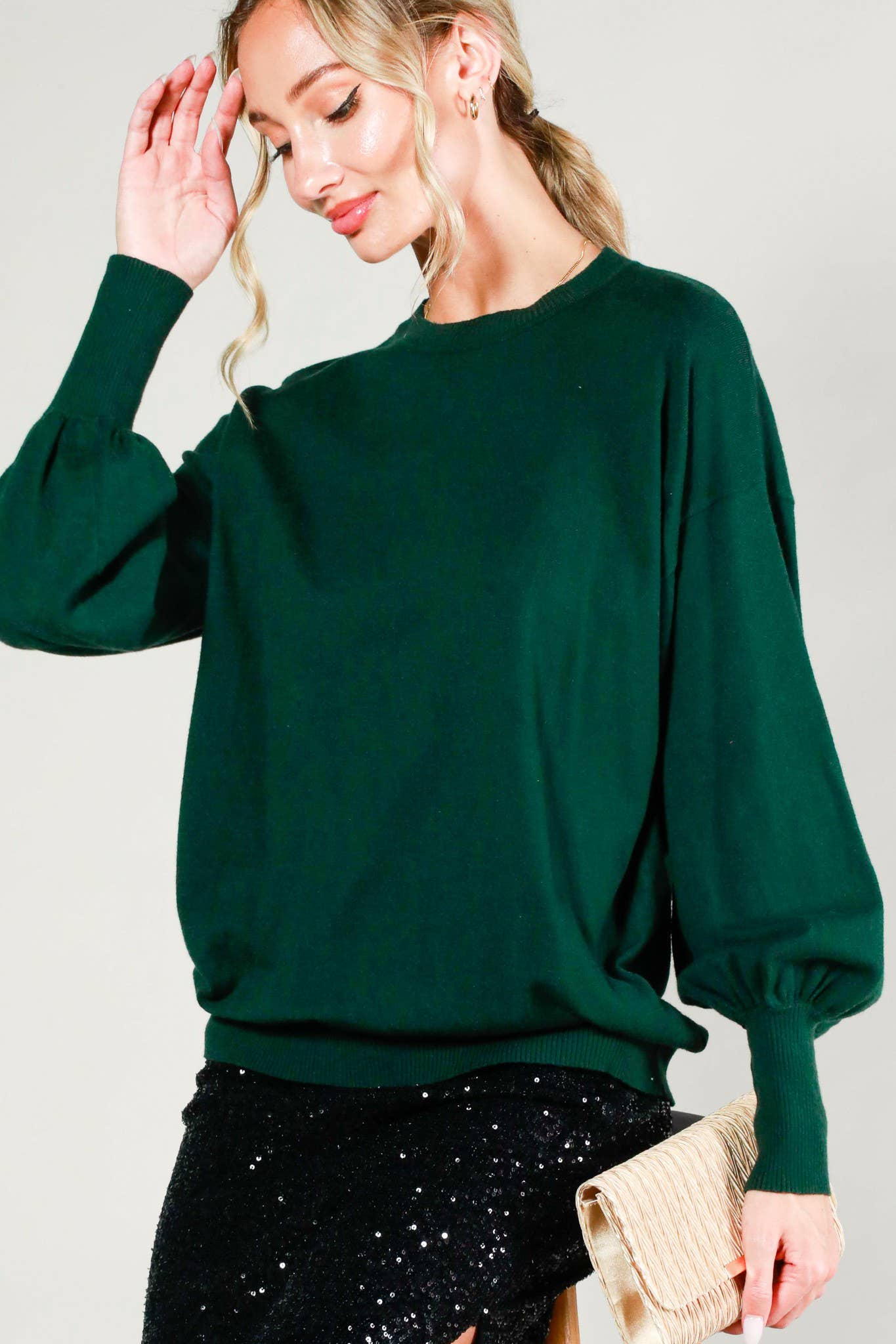 Crew Neck Balloon Long-Sleeve Knitted Sweater Top VT60387