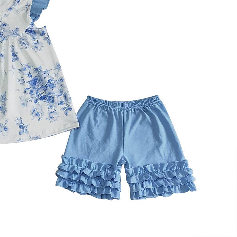 Baby Girls Blue floral pearl ruffle shorts sets