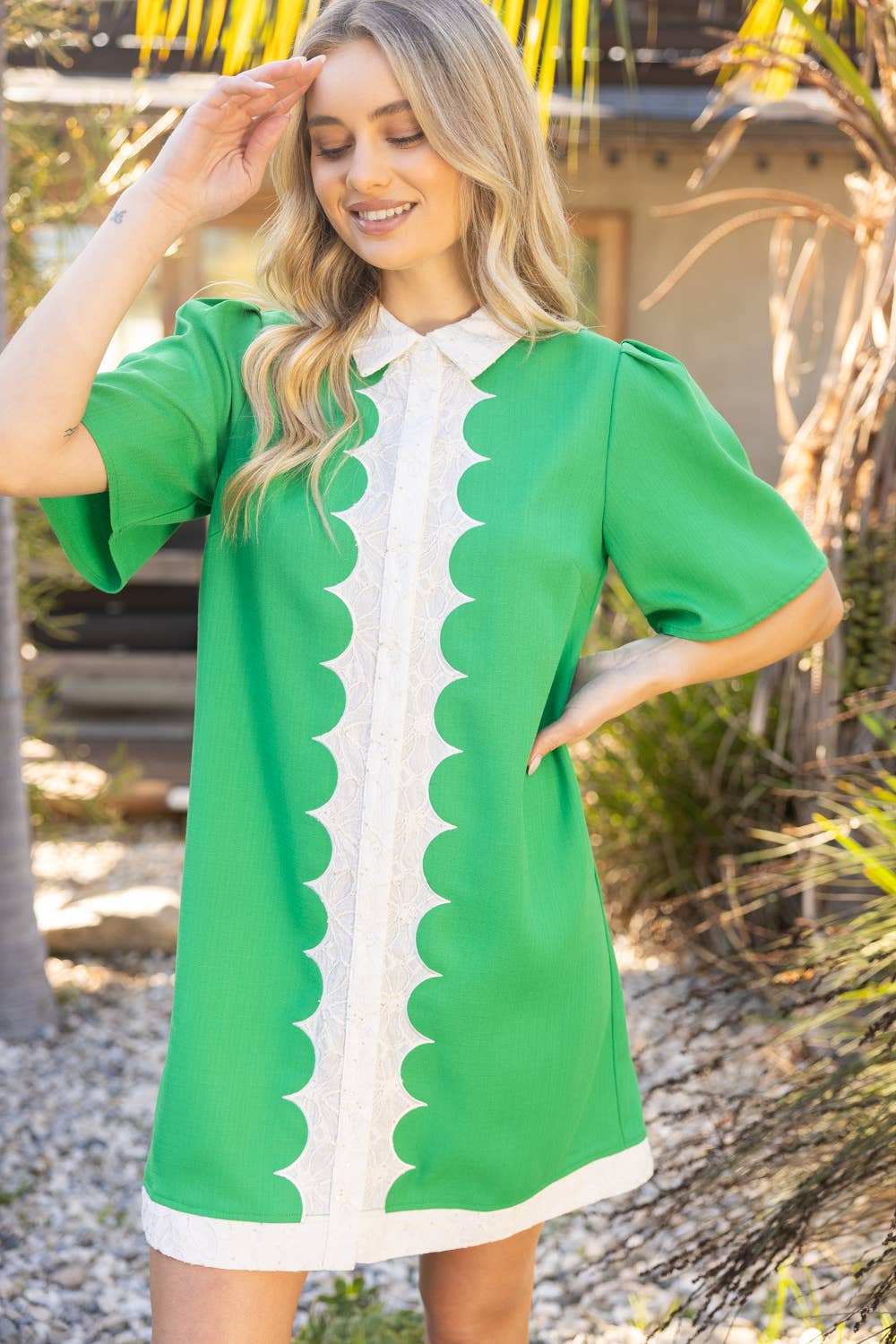 36274 Contrast Scallop Detailed Placket Mini Shirt Dress