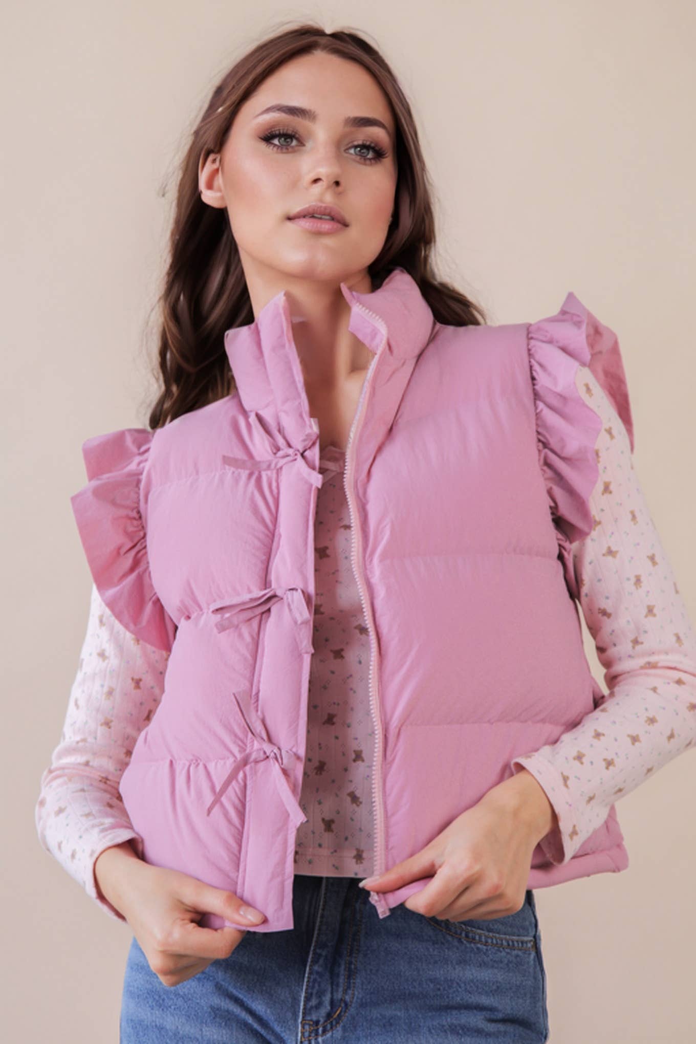 NJ90385-Front Bow Ruffle Sleeve Puffer Vest