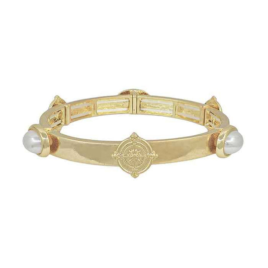 Gold Stretch Bracelet with Coin and Pearl Accents
