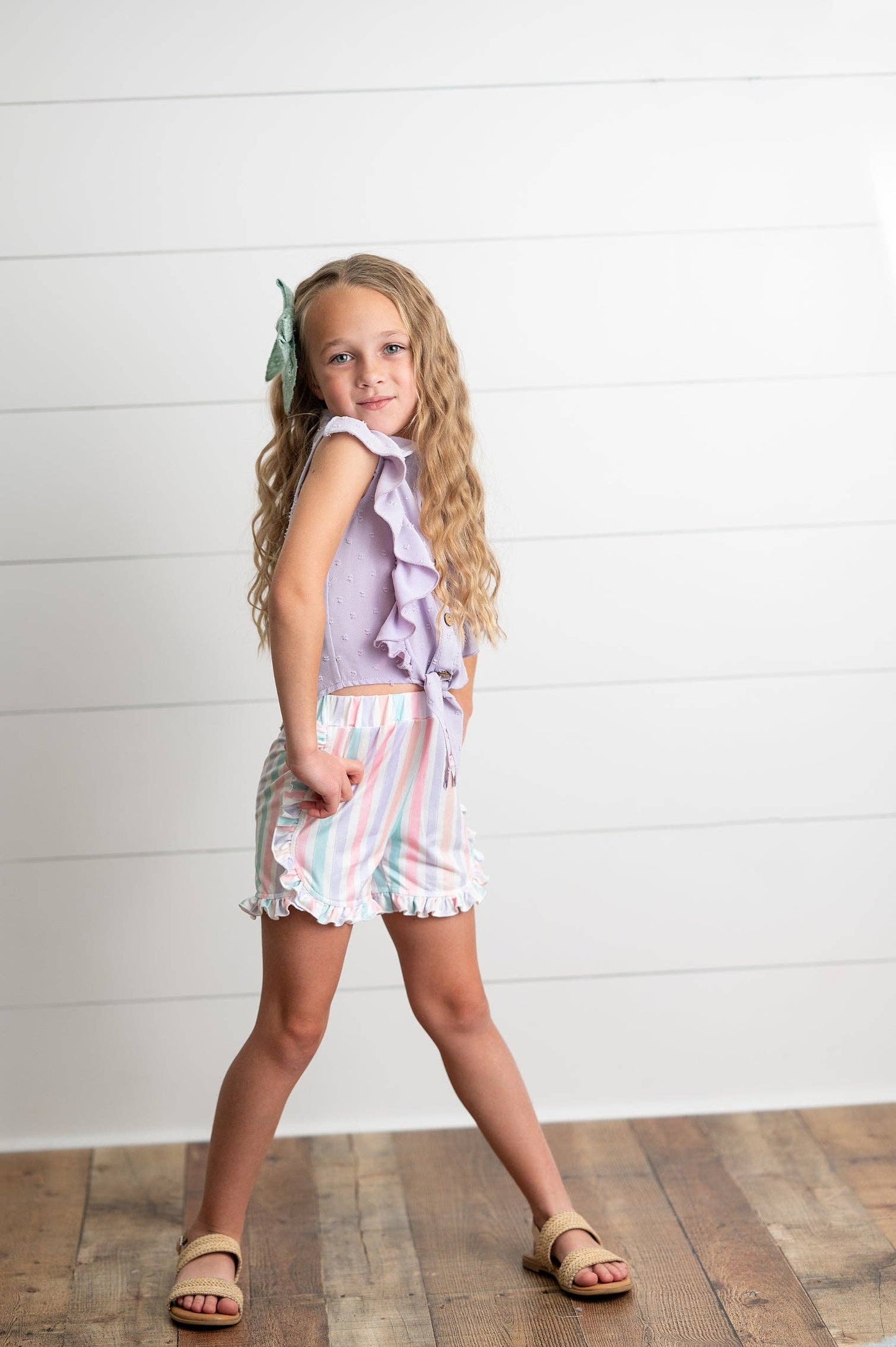 Kids Lavender Ruffle Top & Pastel Stripe Spring Short Set