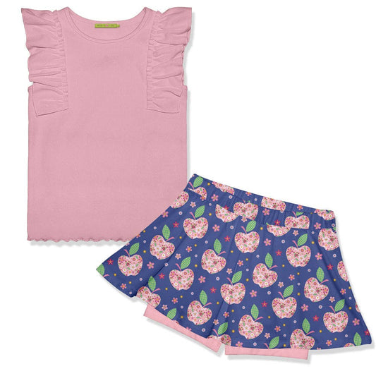Kids Dusty Pink Ribbed Ruffle Sleeveless Top & Apple Flowers Skort