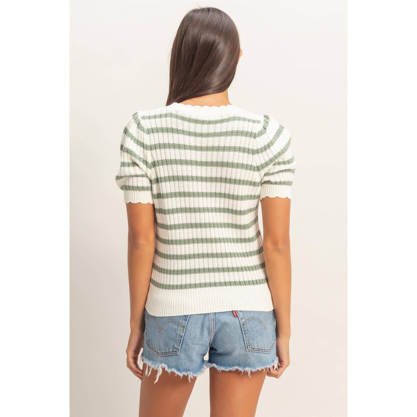 Striped Scallop Edge Puff Sleeve Knit Top