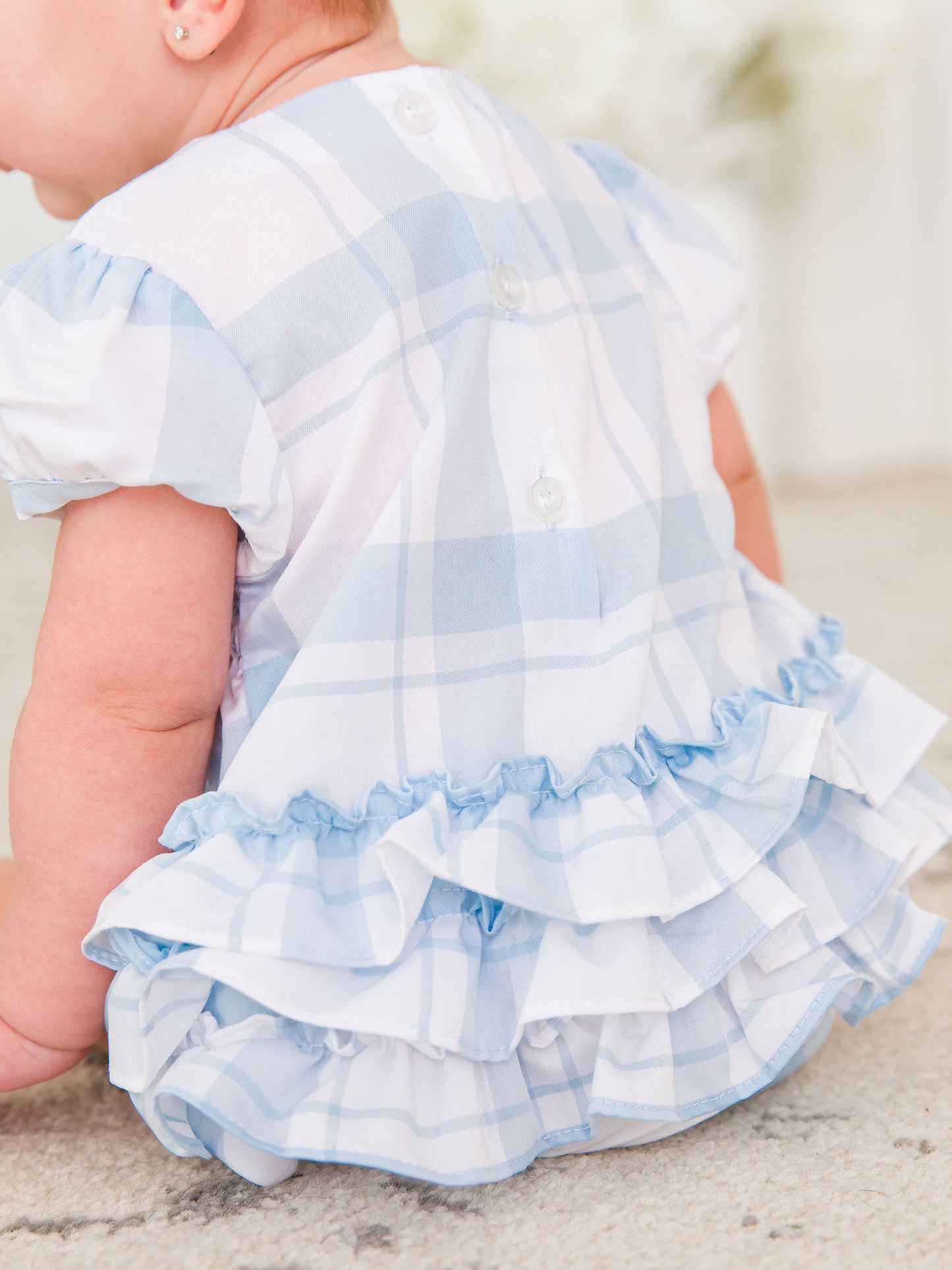 Baby Girls Light Blue Windowpane Check Smocked Puff Sleeve Bubble Romper
