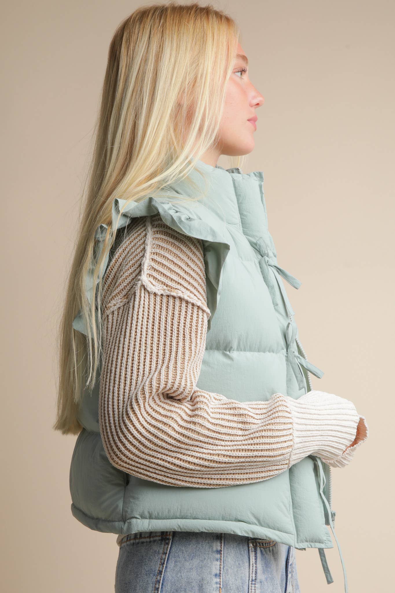 NJ90385-Front Bow Ruffle Sleeve Puffer Vest