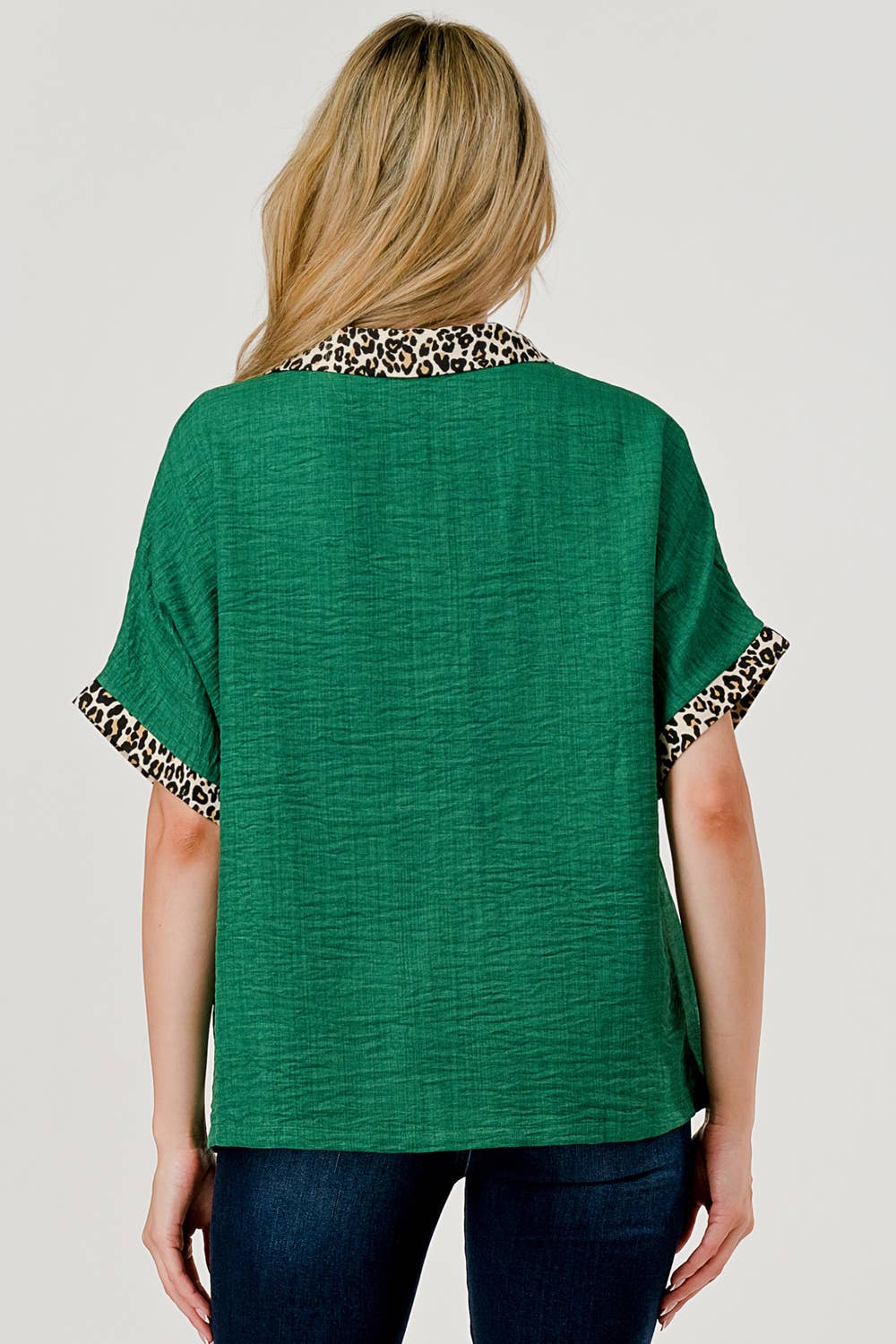 Danni Short Sleeve Leopard Print Color Block Top Green 9923