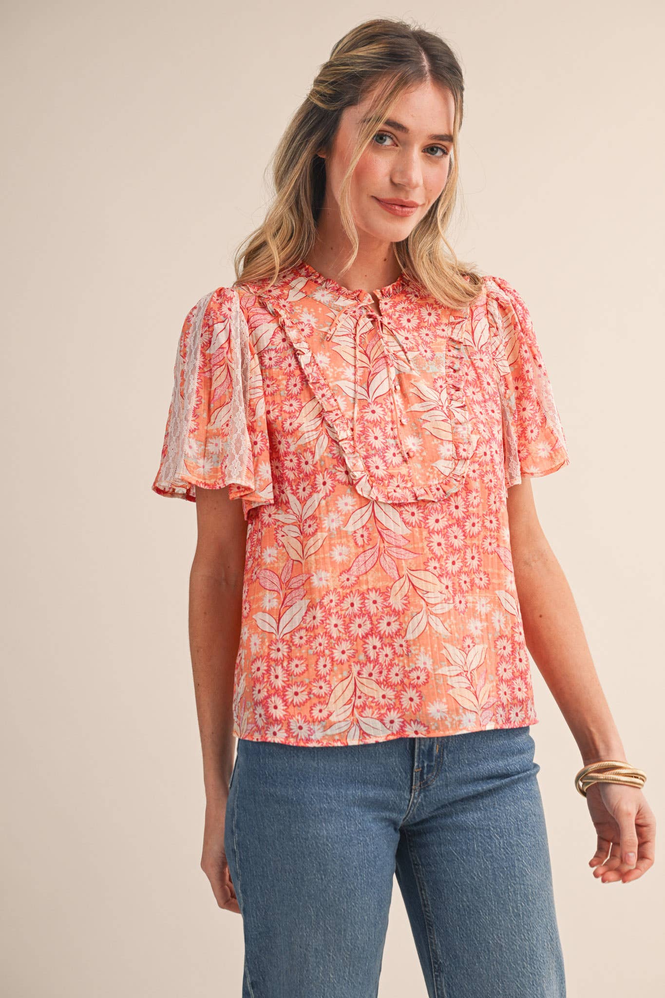 EXCLUSIVE FLORAL PRINT LACE TRIM TOP MTP4828