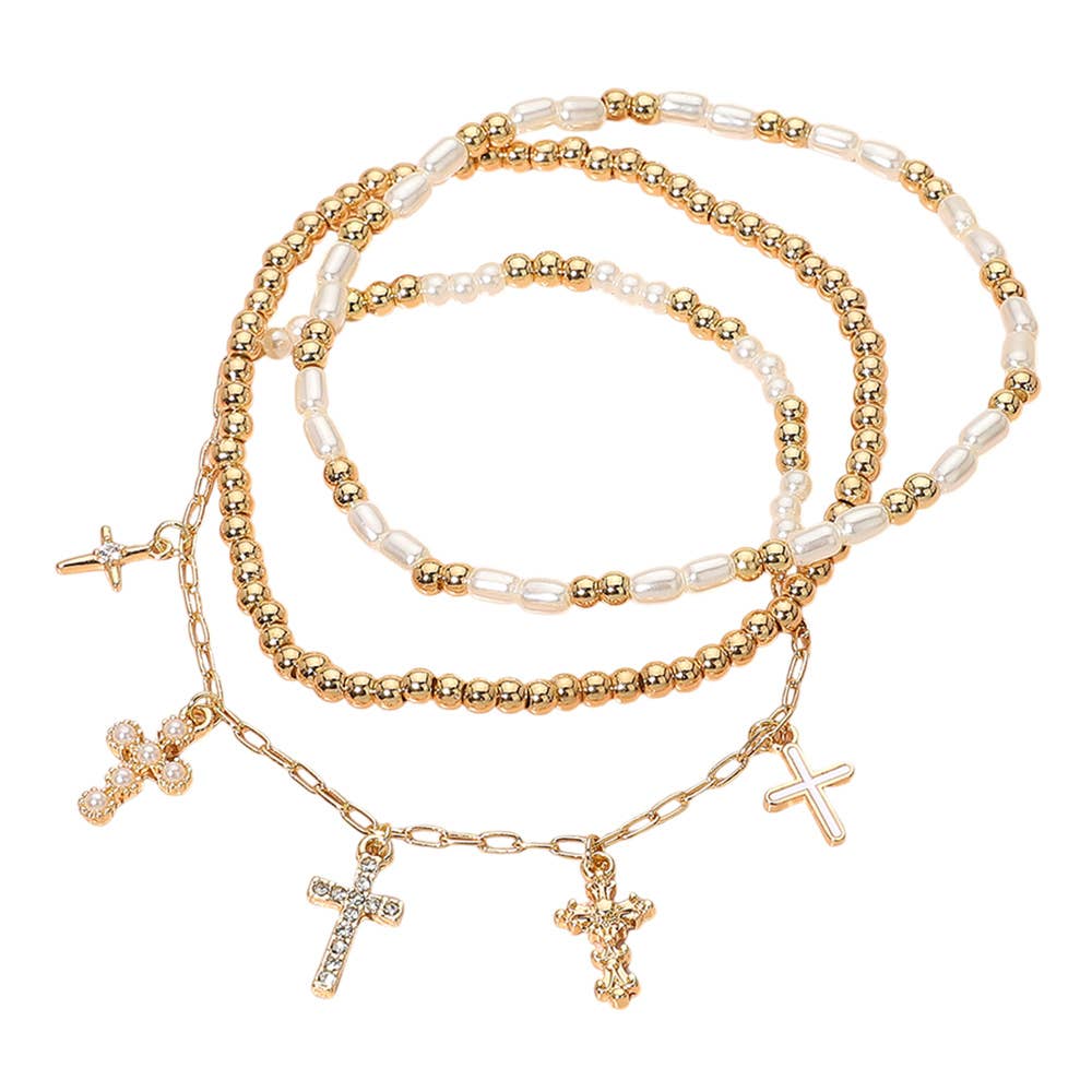 3PCS - Various Cross Charm Beaded Stretch Multi Bracelets