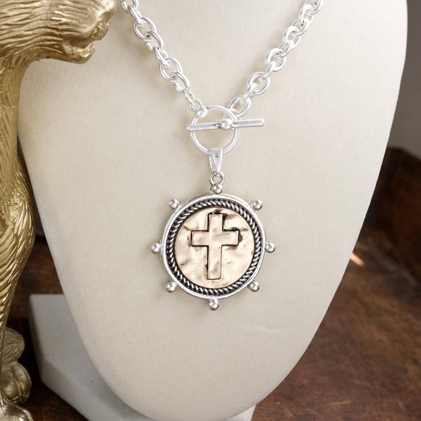 Cross Coin Chain Necklace with Front Toggle Closure – Silver or Gold Tone