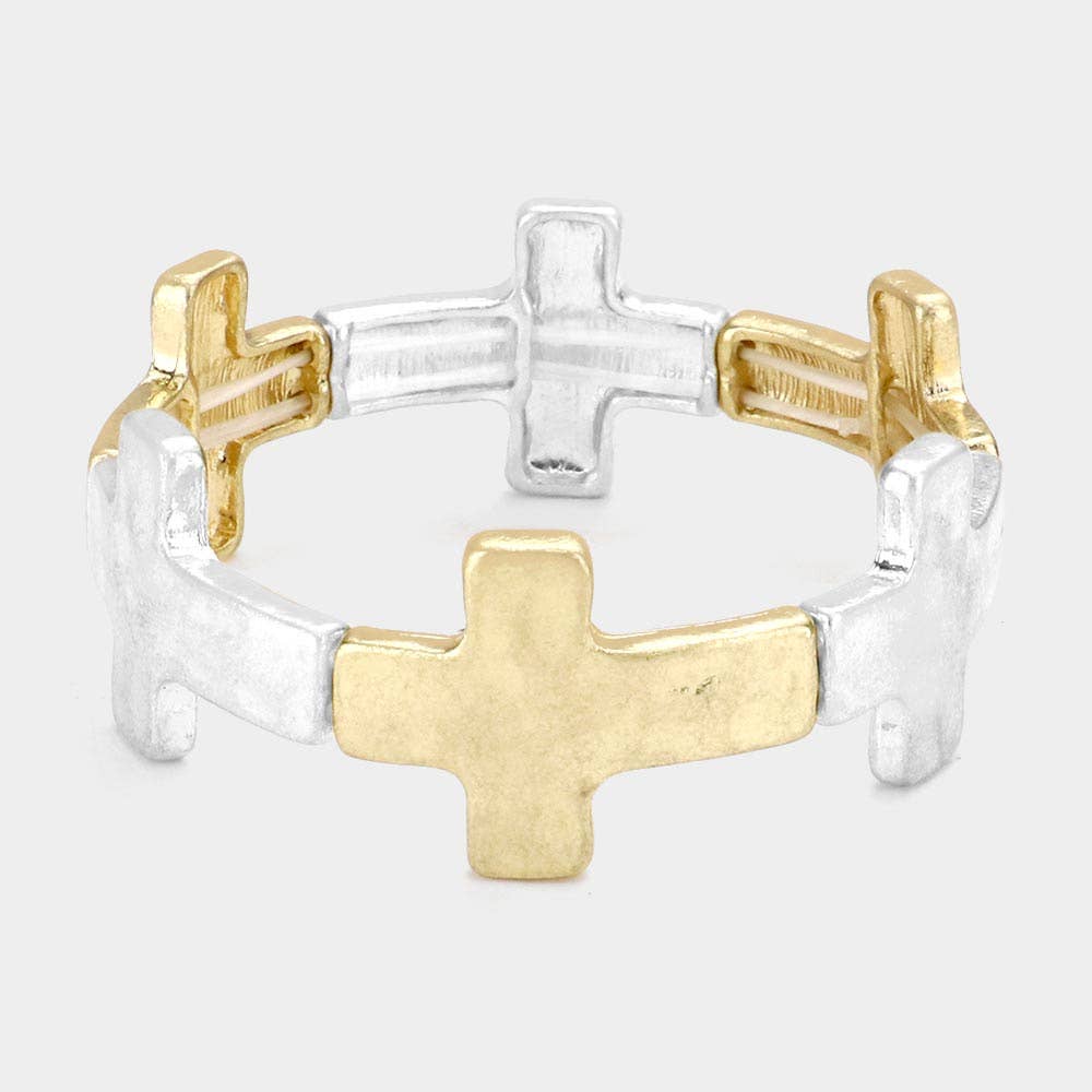 Worn Metal Cross Stretch Bracelet