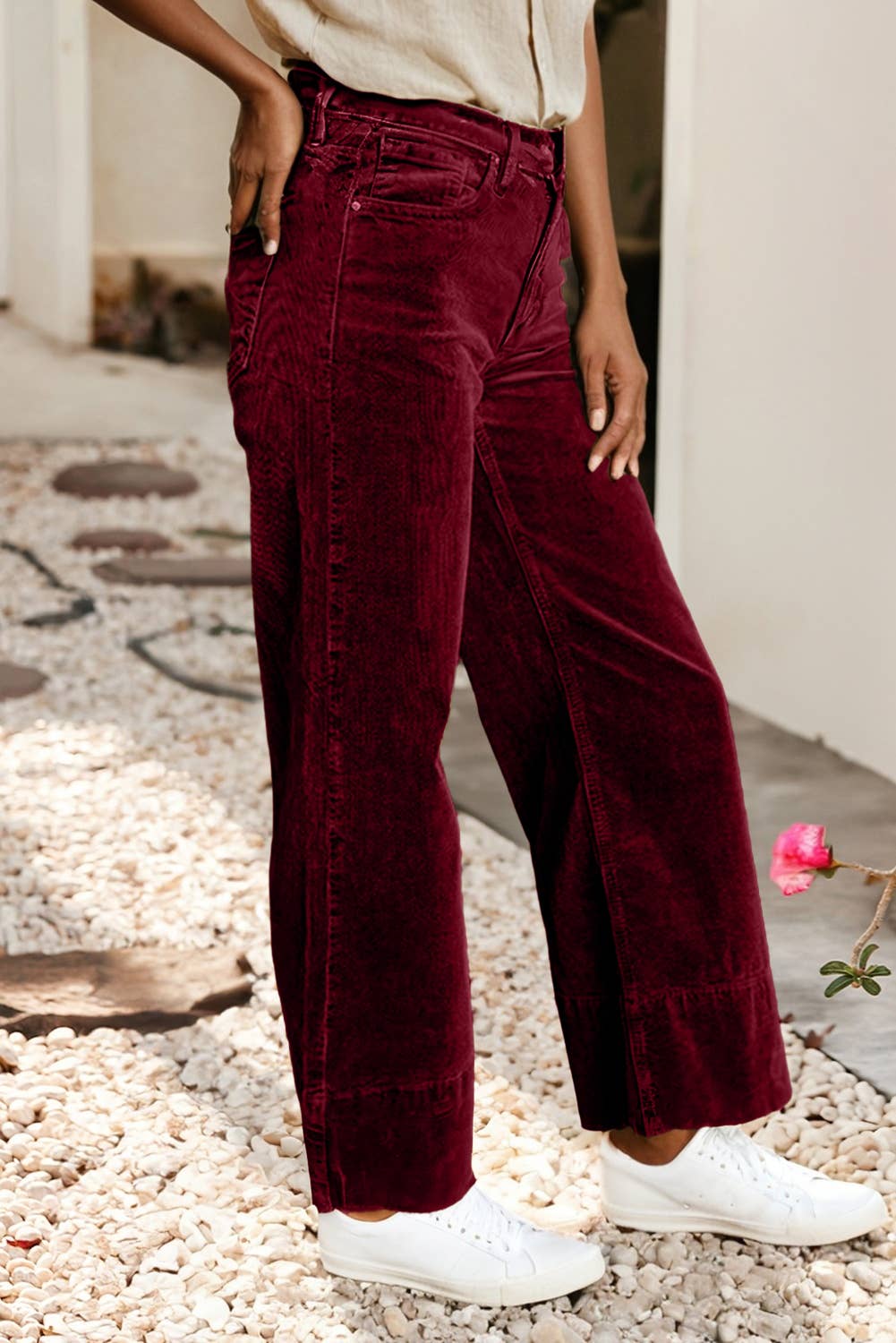 LDC Solid Color High Waist Corduroy Wide Leg Pants