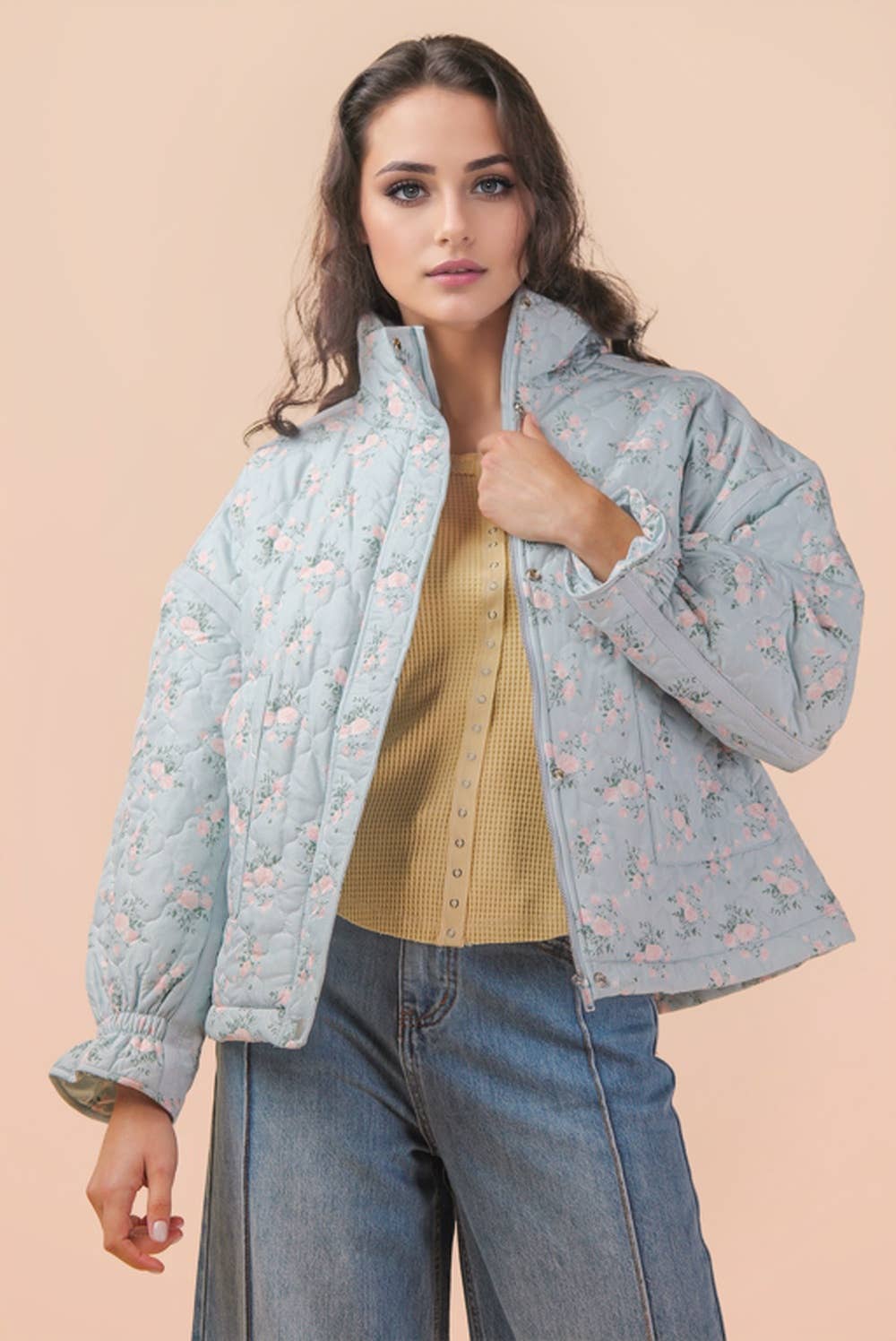 NJ90431-Floral Print Quilted Oversized Casual Jacket