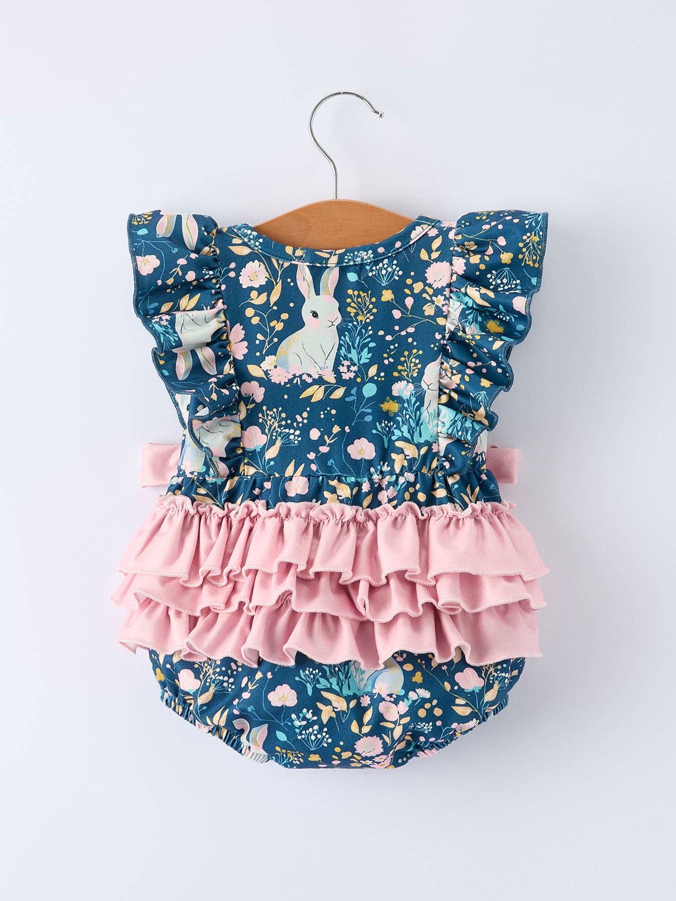Teal Easter Bunny Garden Ruffle Sleeve Baby Girls Romper