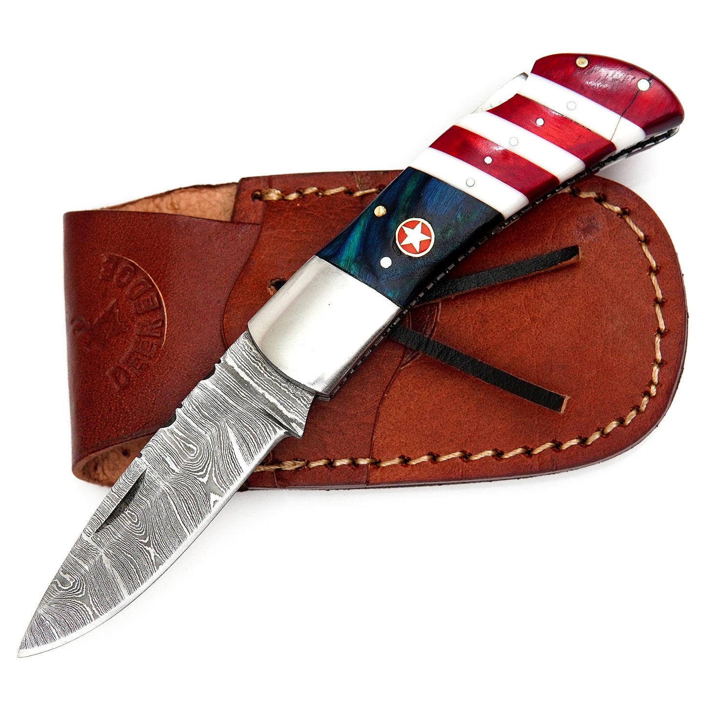 Damascus Folding Pocket Knife with Leather case
