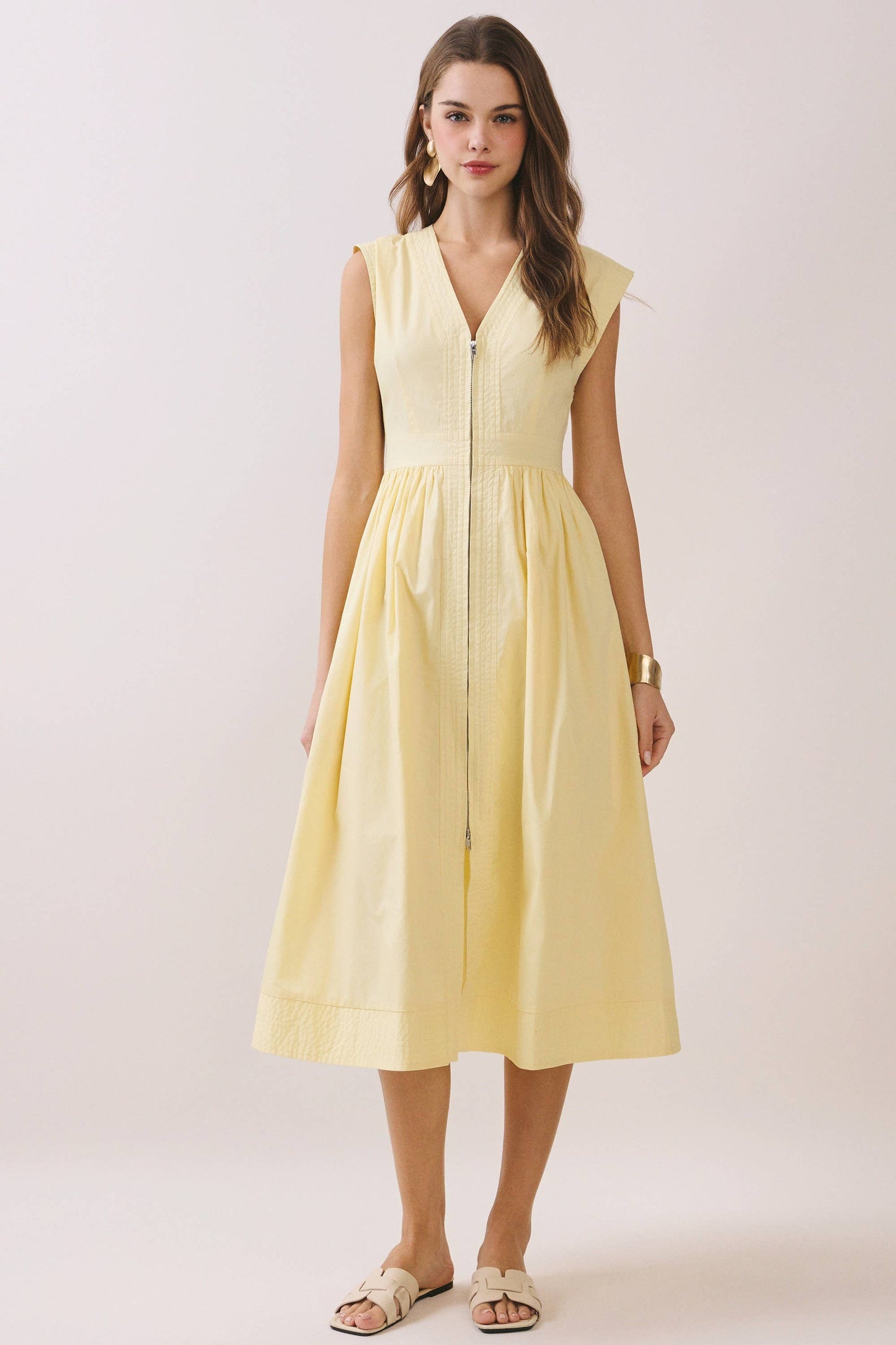 CD06812-Cap Sleeve V Neck Midi Dress with Front Zipper