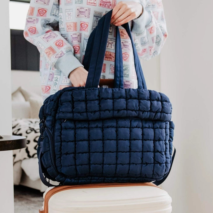 Navy Quilted Weekend Duffel Bag w/ Pass-Thru Slip