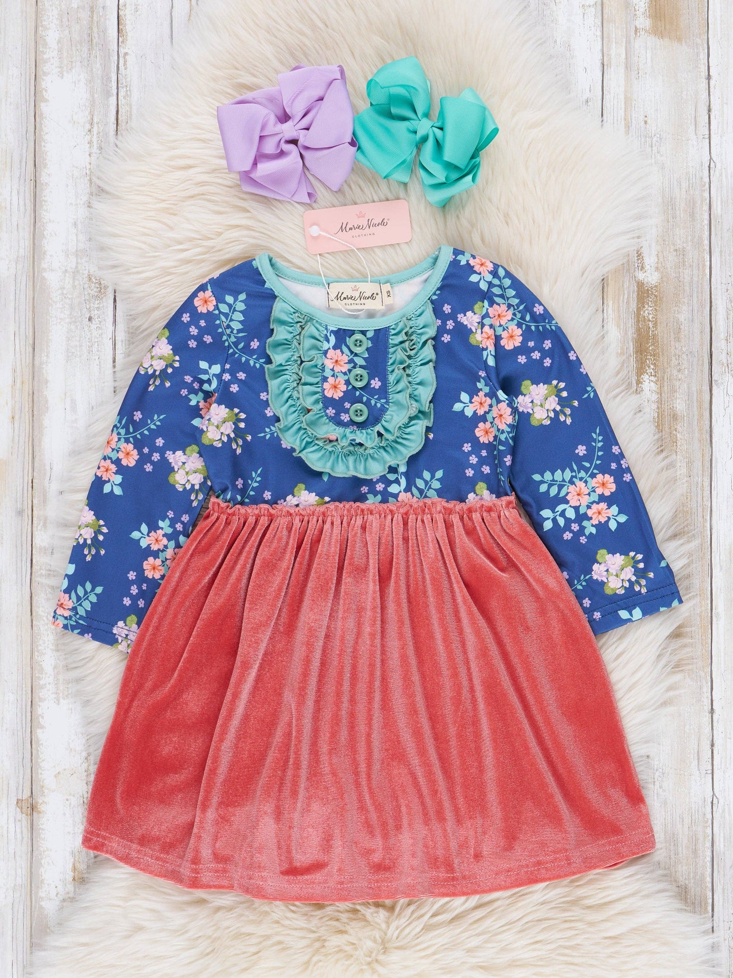 Rose Velvet & Blue Floral Ruffle Dress