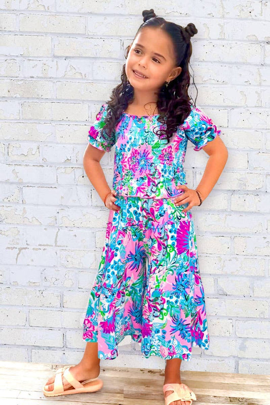 GKSS-3173B-Q56 Girl's 2 pcs Flare Pant Set w/ Smocking Top