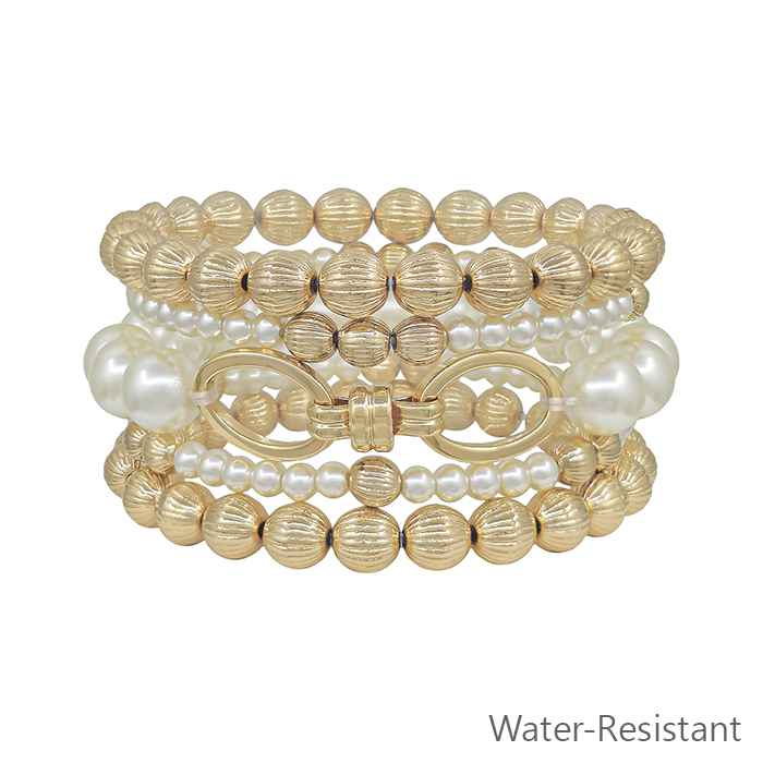Water Resistant Set of 5 Gold and Pearl Textured Beaded and Chain Stretch Bracelets