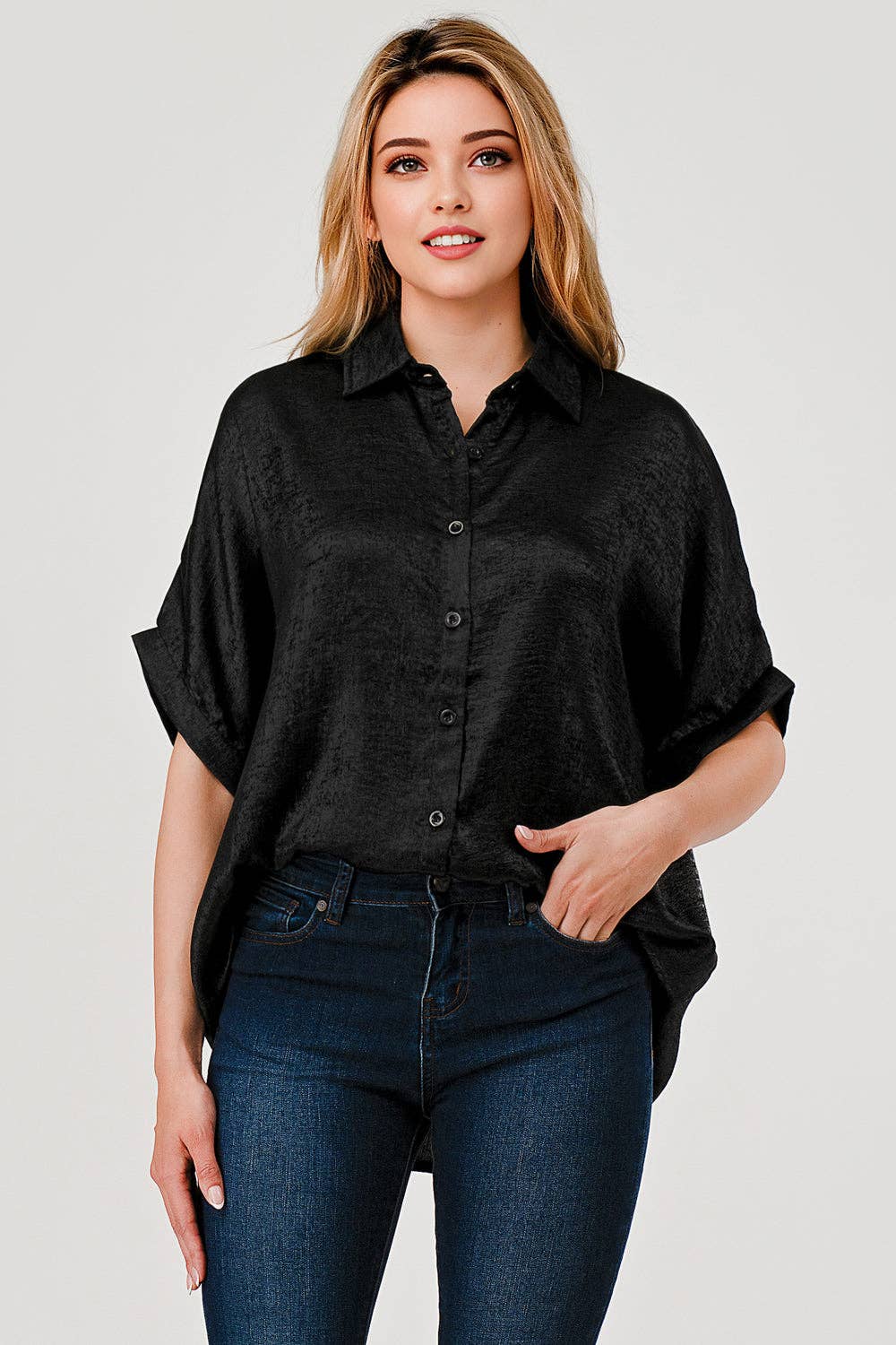 Sonya Shimmer Metallic Foil Button Down Top Black