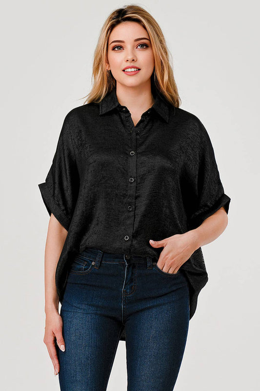 Sonya Shimmer Metallic Foil Button Down Top Black