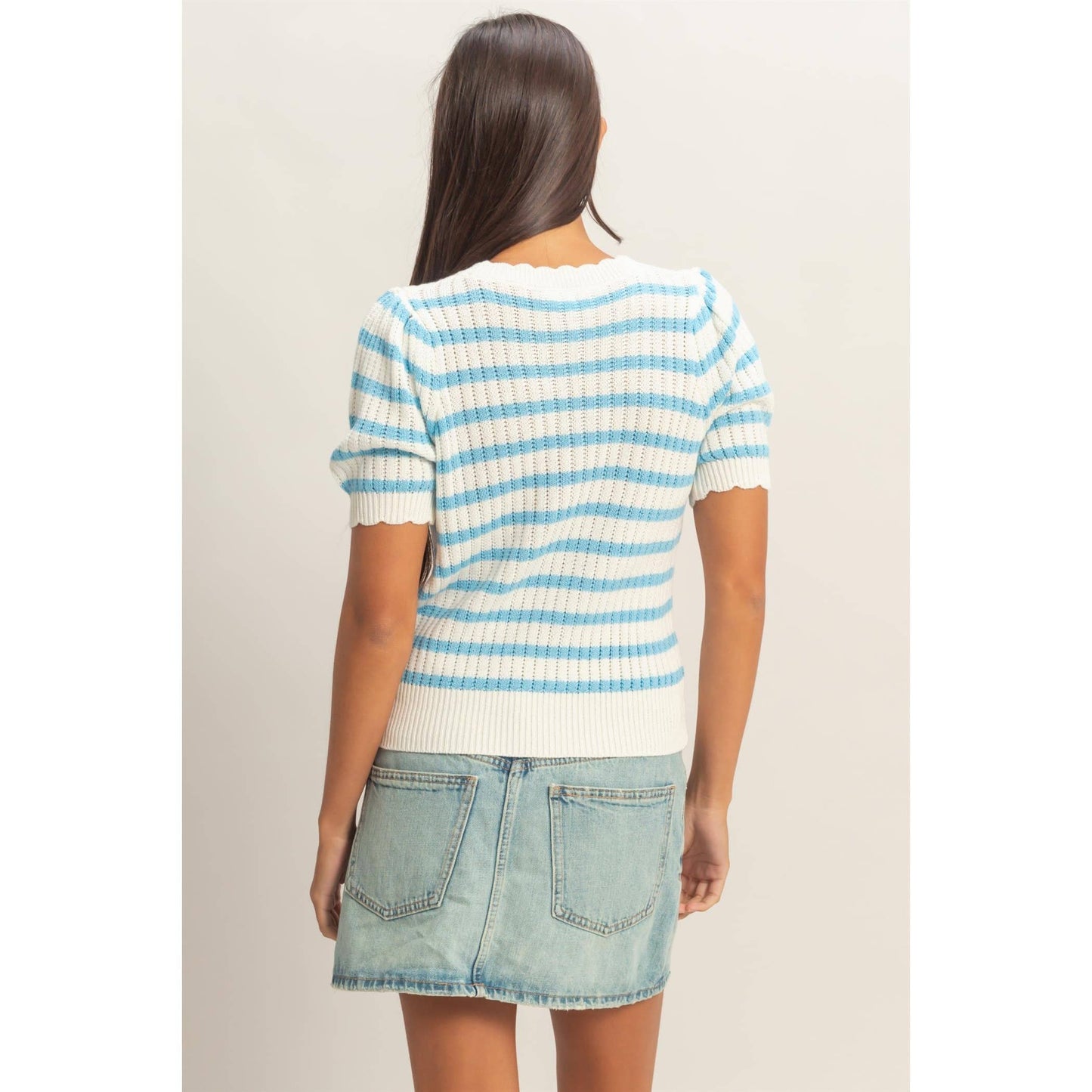 Striped Scallop Edge Puff Sleeve Knit Top