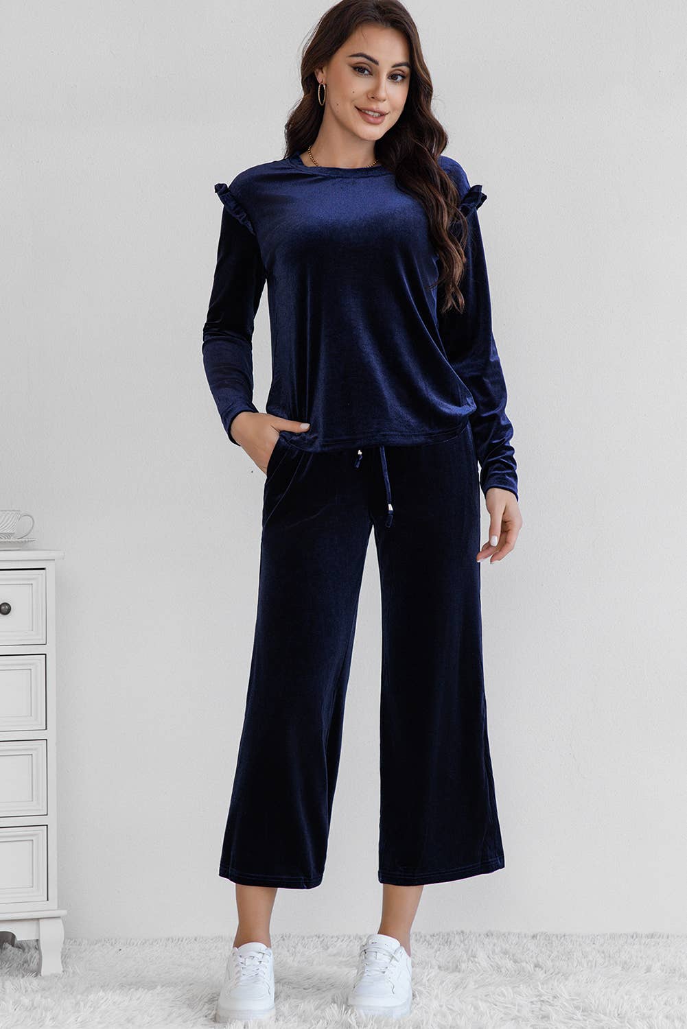 Solid Velvet Long Sleeve Top and High Waist Pants Set