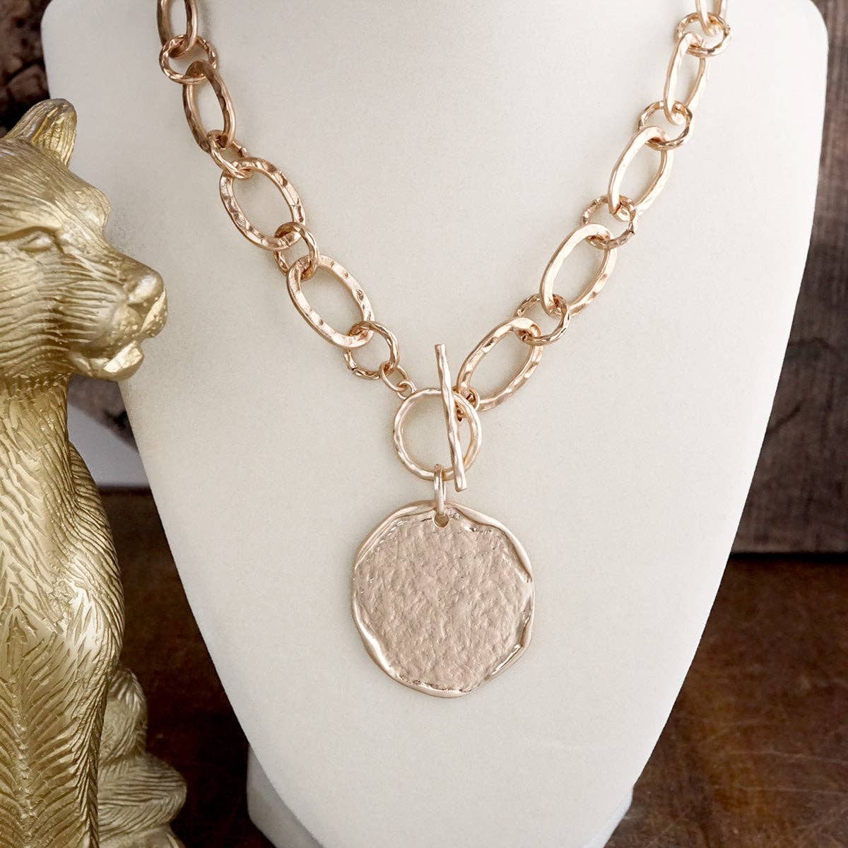 Nomad Glow – Front Toggle Statement Necklace with Hammered Disc
