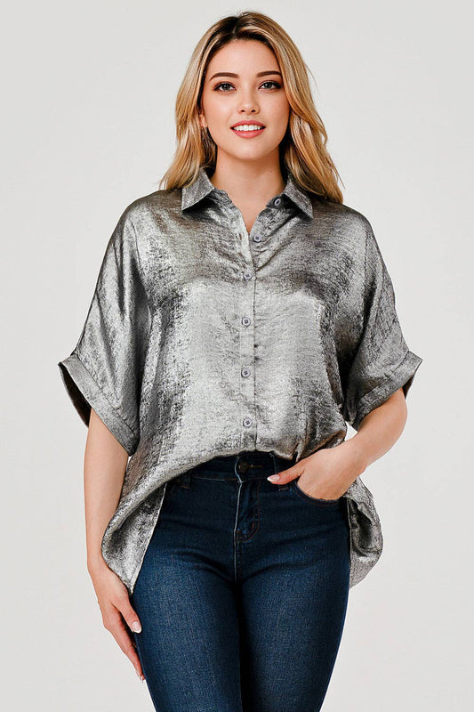 Sonya Shimmer Metallic Foil Button Down Top Pewter