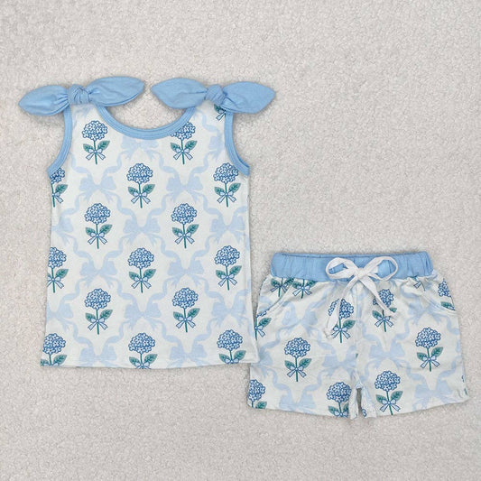Baby Girls Blue Flowers Bows Top Shorts Clothes Sets