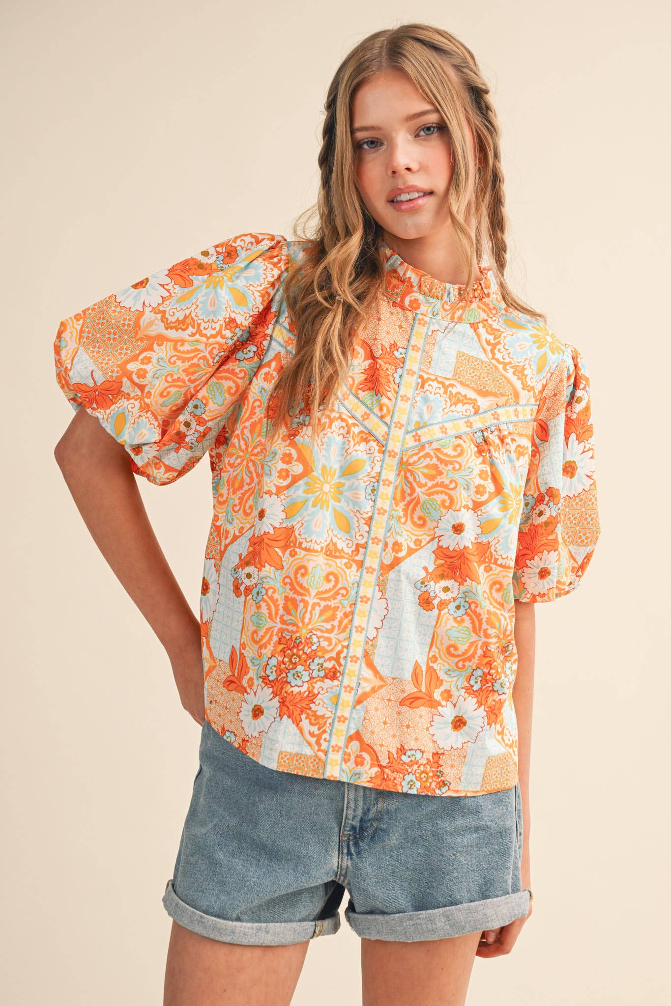 EXCLUSIVE FLORAL PRINT EMBROIDERY TRIM TOP MTP4610