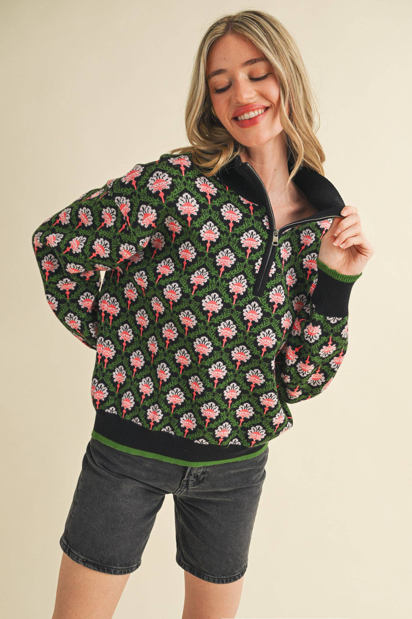 FLORAL MOCK NECK HALF ZIP PULLOVER MSW10829