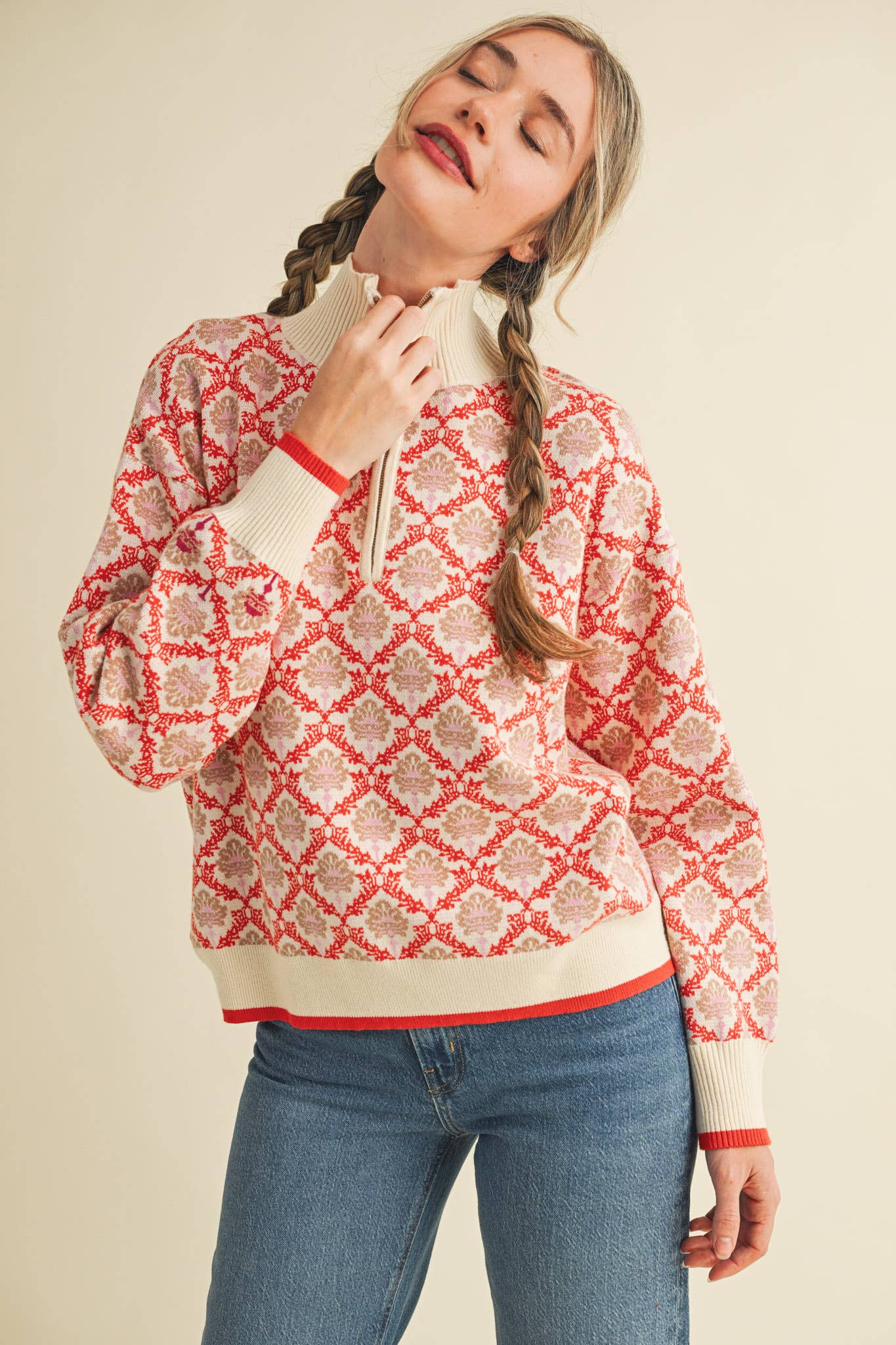 FLORAL MOCK NECK HALF ZIP PULLOVER MSW10829