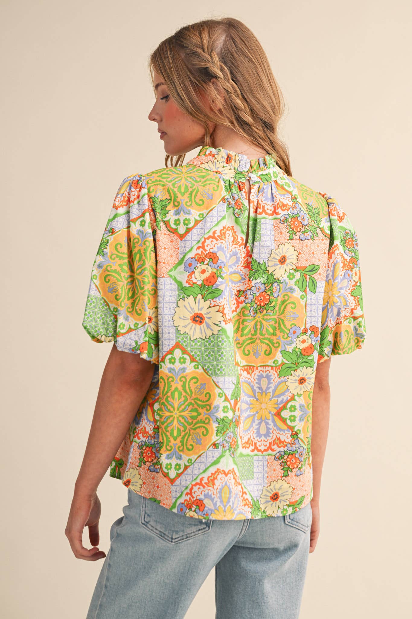 EXCLUSIVE FLORAL PRINT EMBROIDERY TRIM TOP MTP4610
