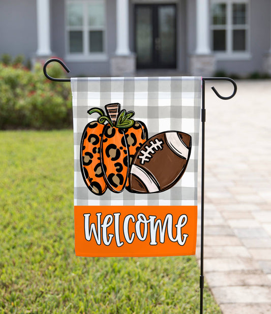 Fall Garden Flag - Pumpkins and Football (Leopard print)