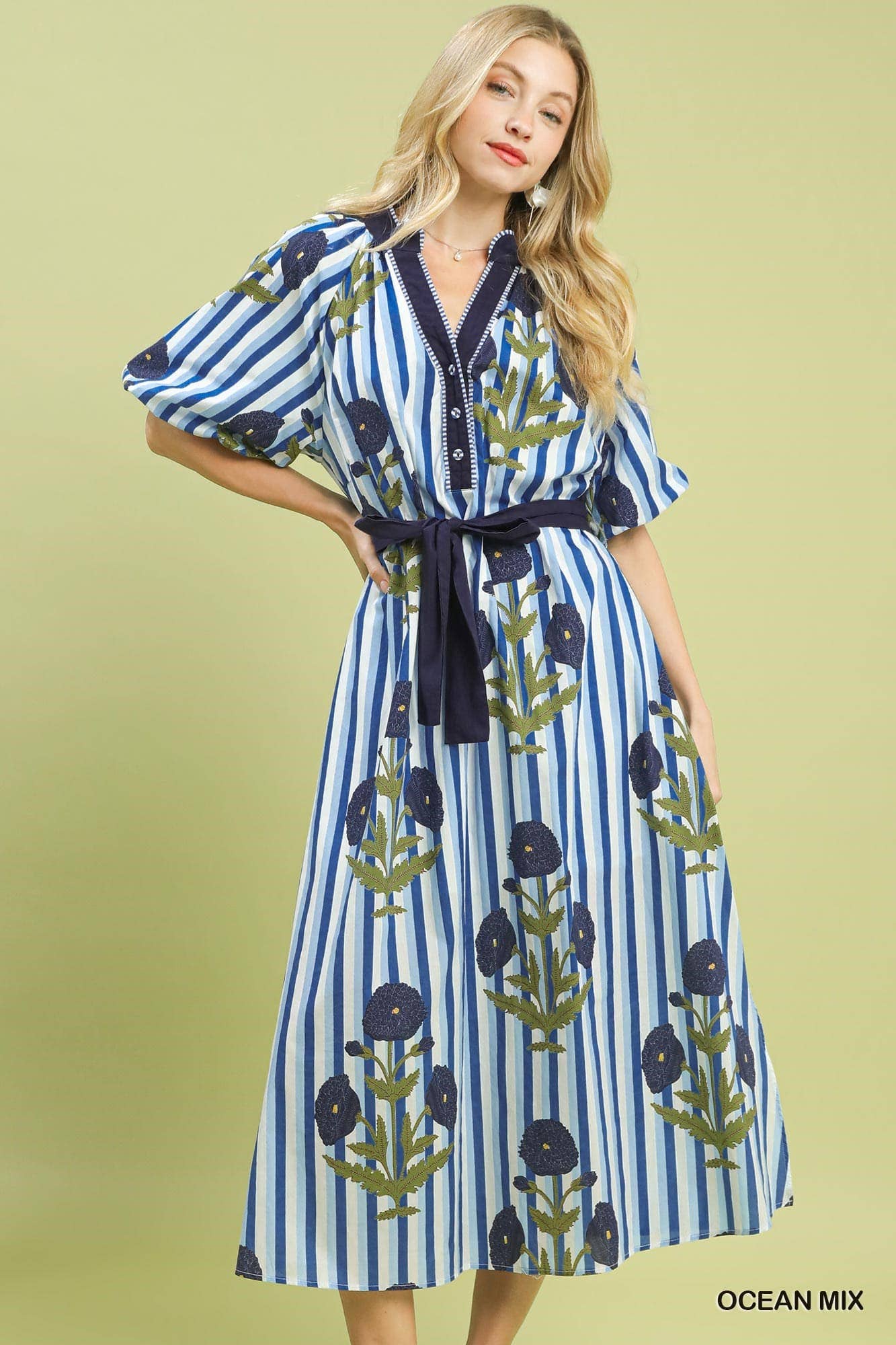 Striped Floral Maxi Dress With Waist Tie