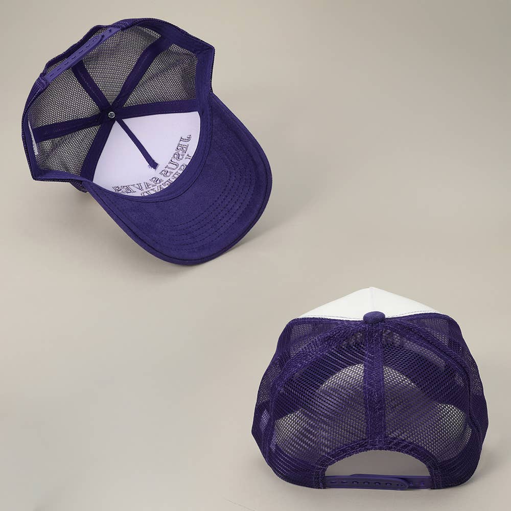 JESUS SAVES I SPEND Embroidered Mesh Back Suede Trucker Cap