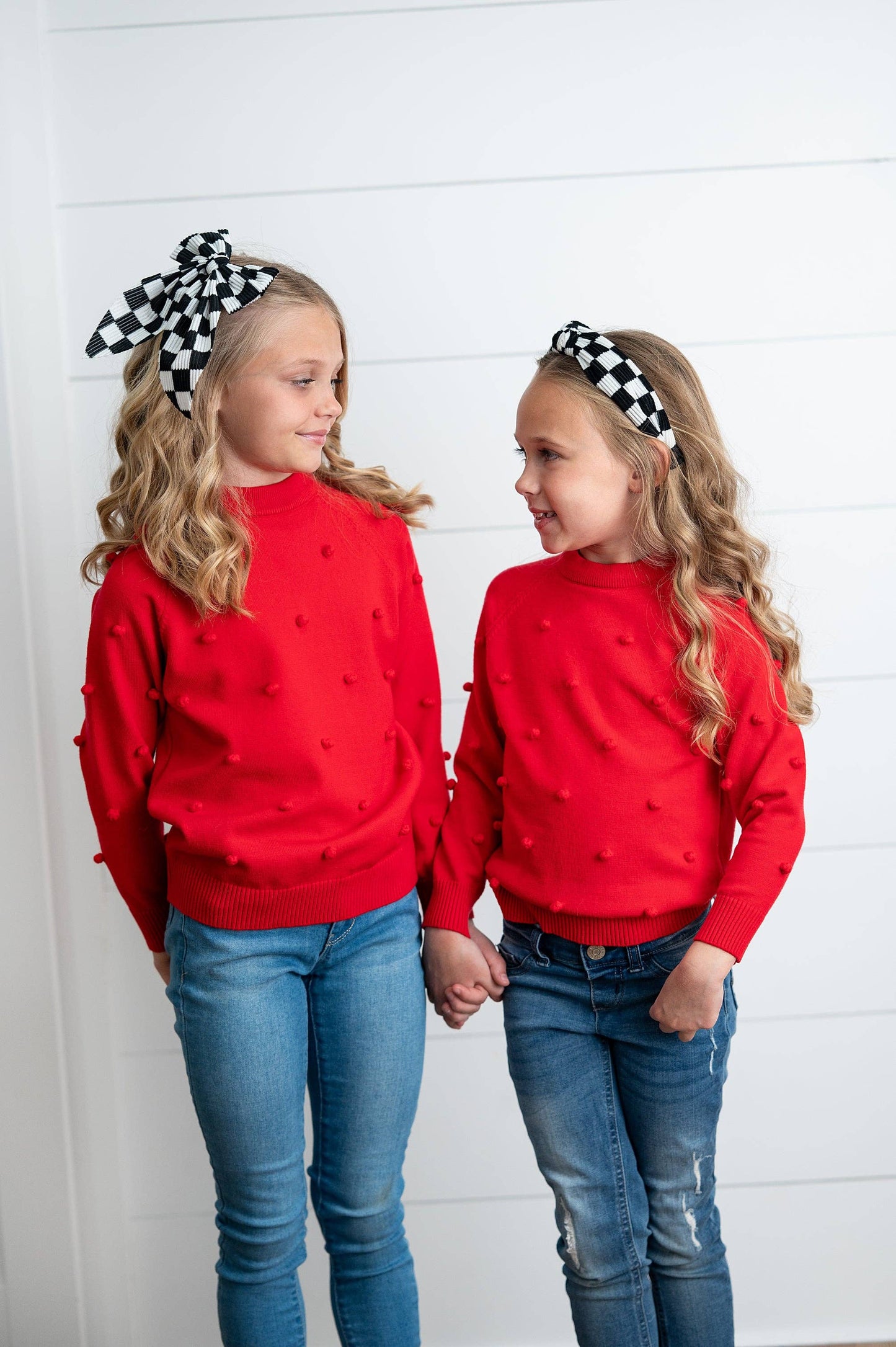 Kids Red Pom Pom Fall Winter Holiday Crew Neck Sweater
