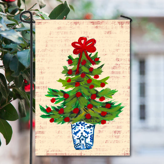 Blue Willow Red Ribbon Tree Garden Flag