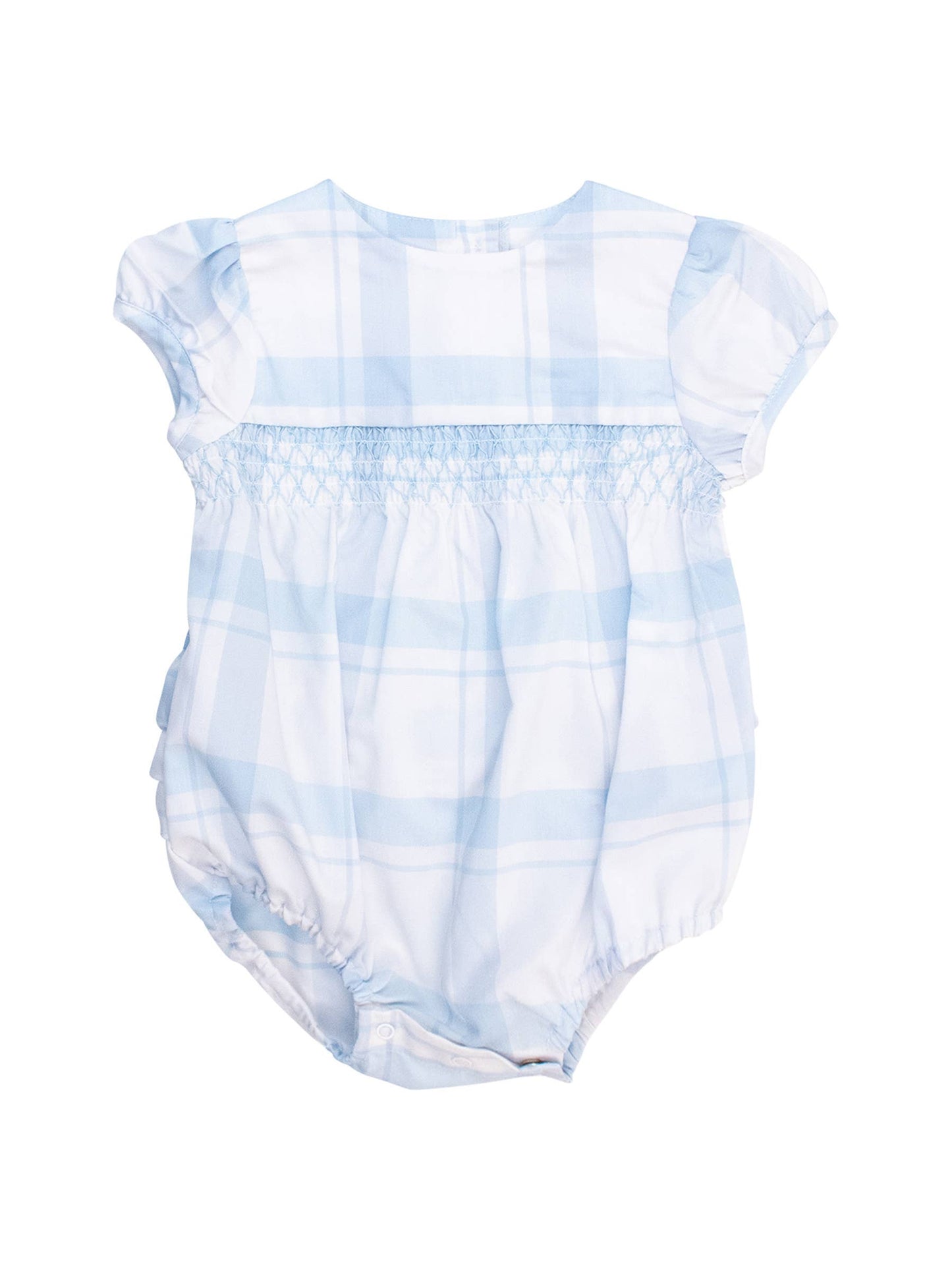 Baby Girls Light Blue Windowpane Check Smocked Puff Sleeve Bubble Romper