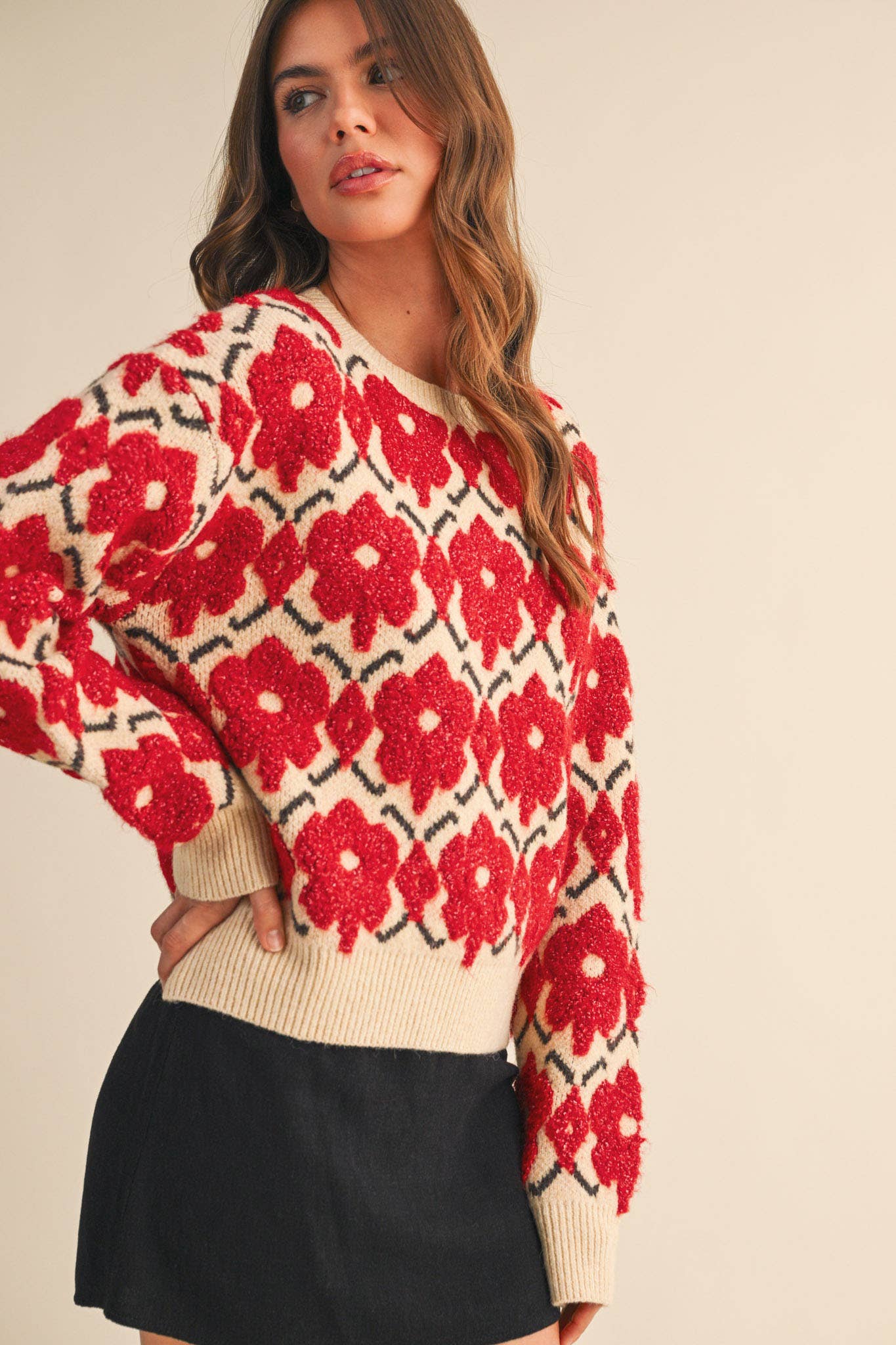 FUZZY TEXTURE FLORAL SWEATER MSW11198