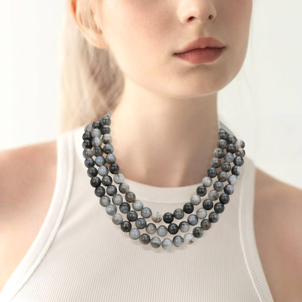 Chunky Bead Triple Layered Faux Leather Magnetic Necklace