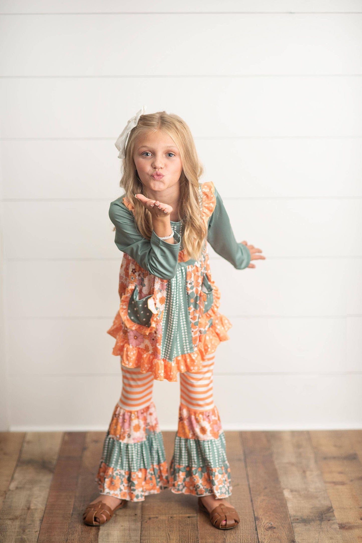 Kids Sage Floral Pocket Two Piece Bell Bottom Ruffle Set