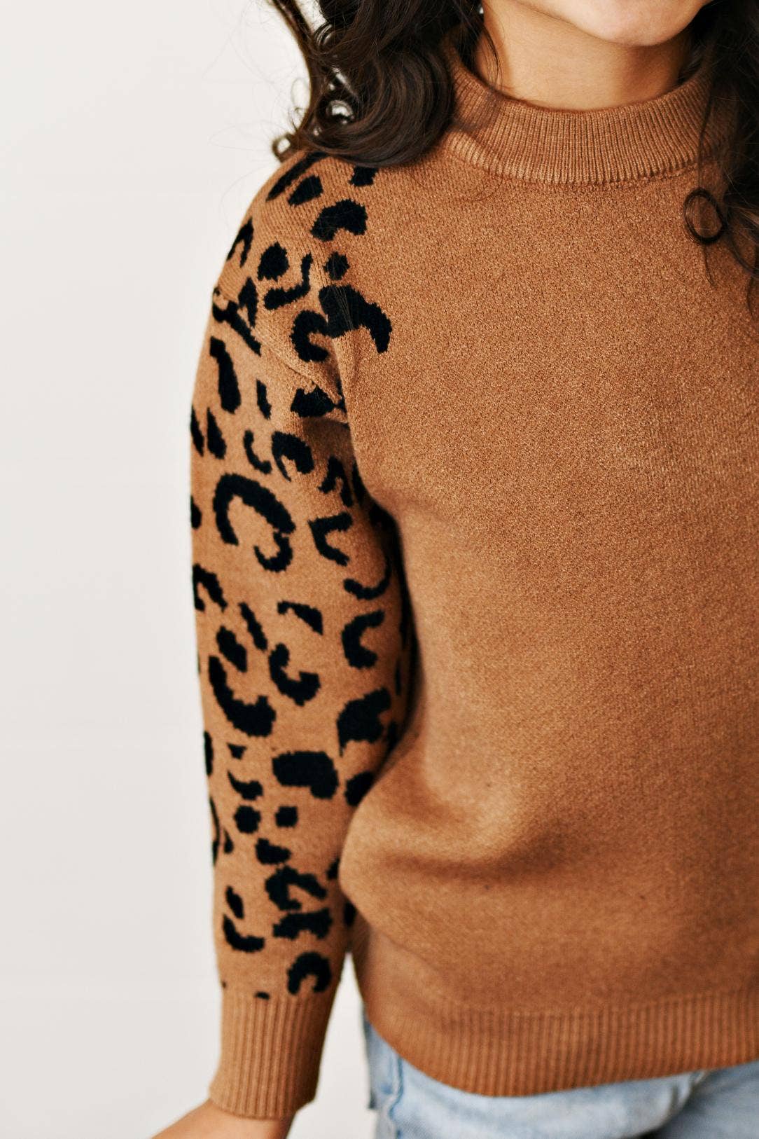 Kids Brown Leopard Print Crew Neck Fall Winter Sweater