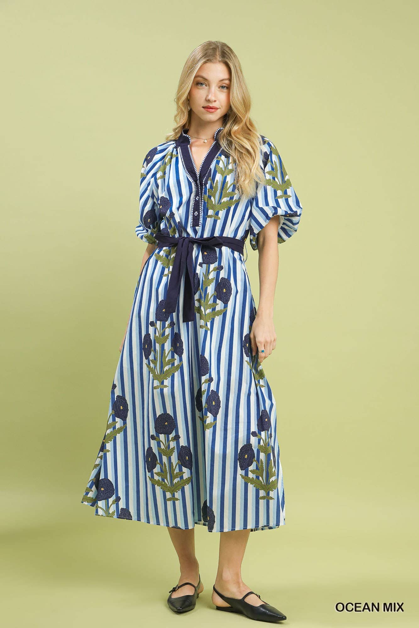 Striped Floral Maxi Dress With Waist Tie