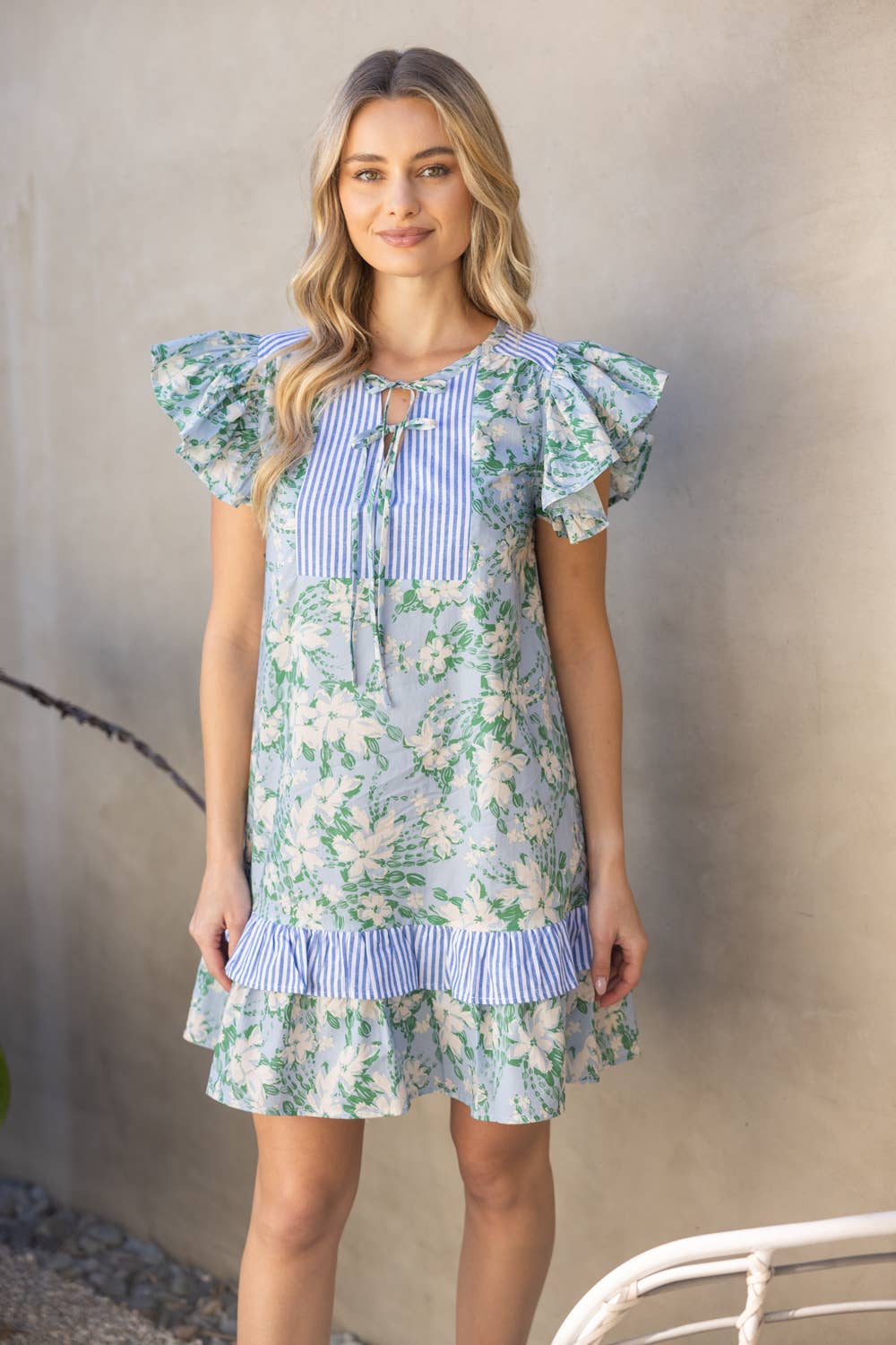 36360 Stripe And Floral Print Mixed Tiered Dress