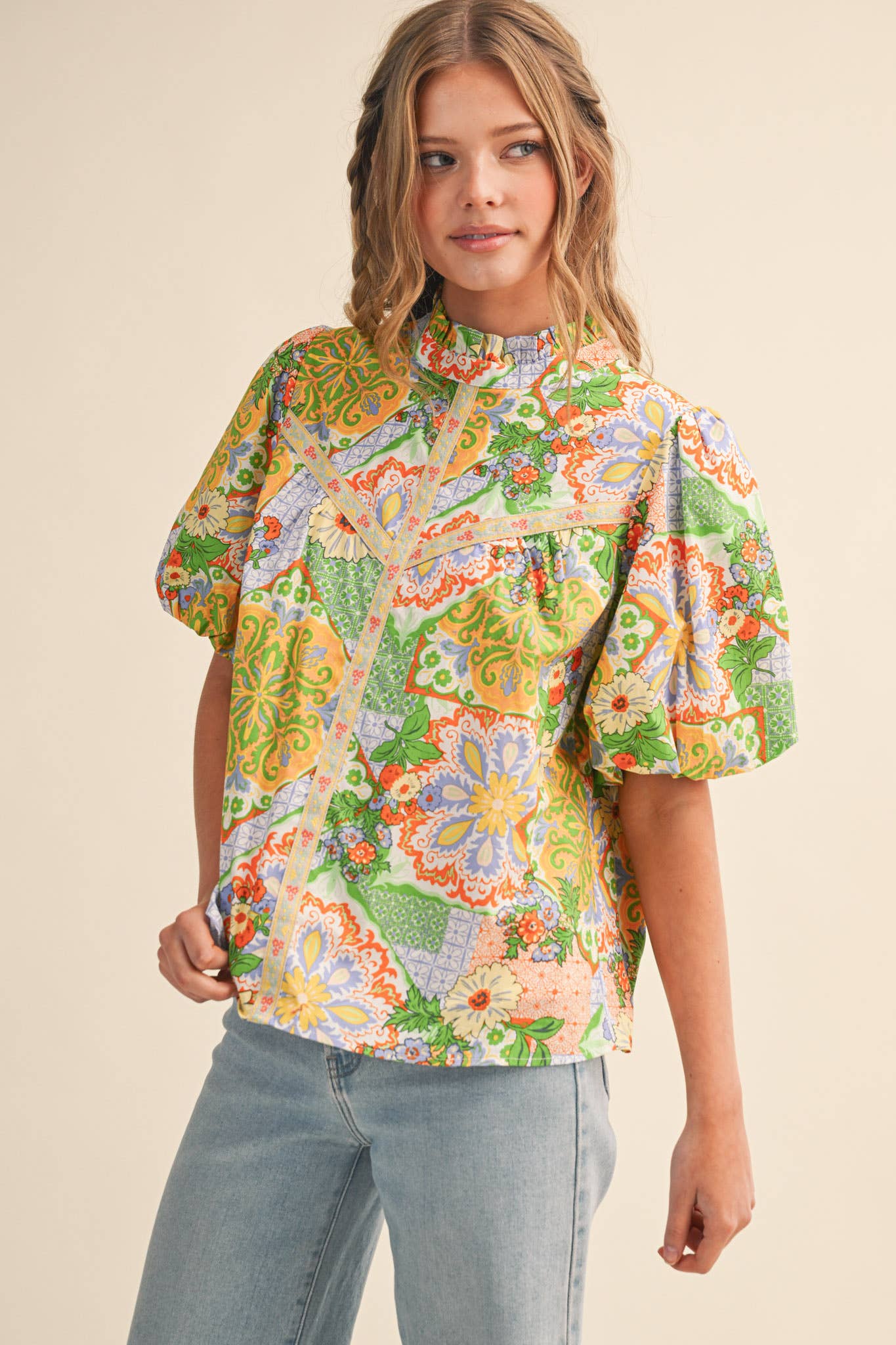 EXCLUSIVE FLORAL PRINT EMBROIDERY TRIM TOP MTP4610