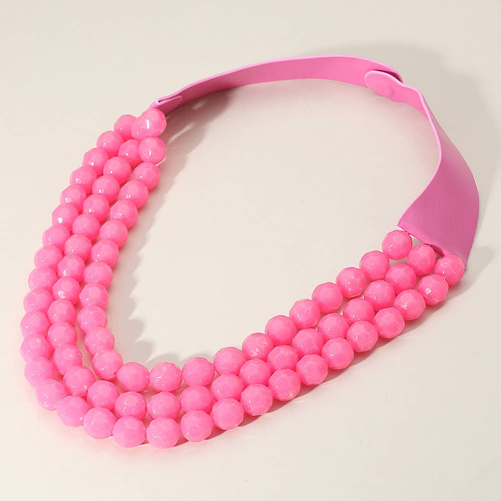 Chunky Bead Triple Layered Faux Leather Magnetic Necklace